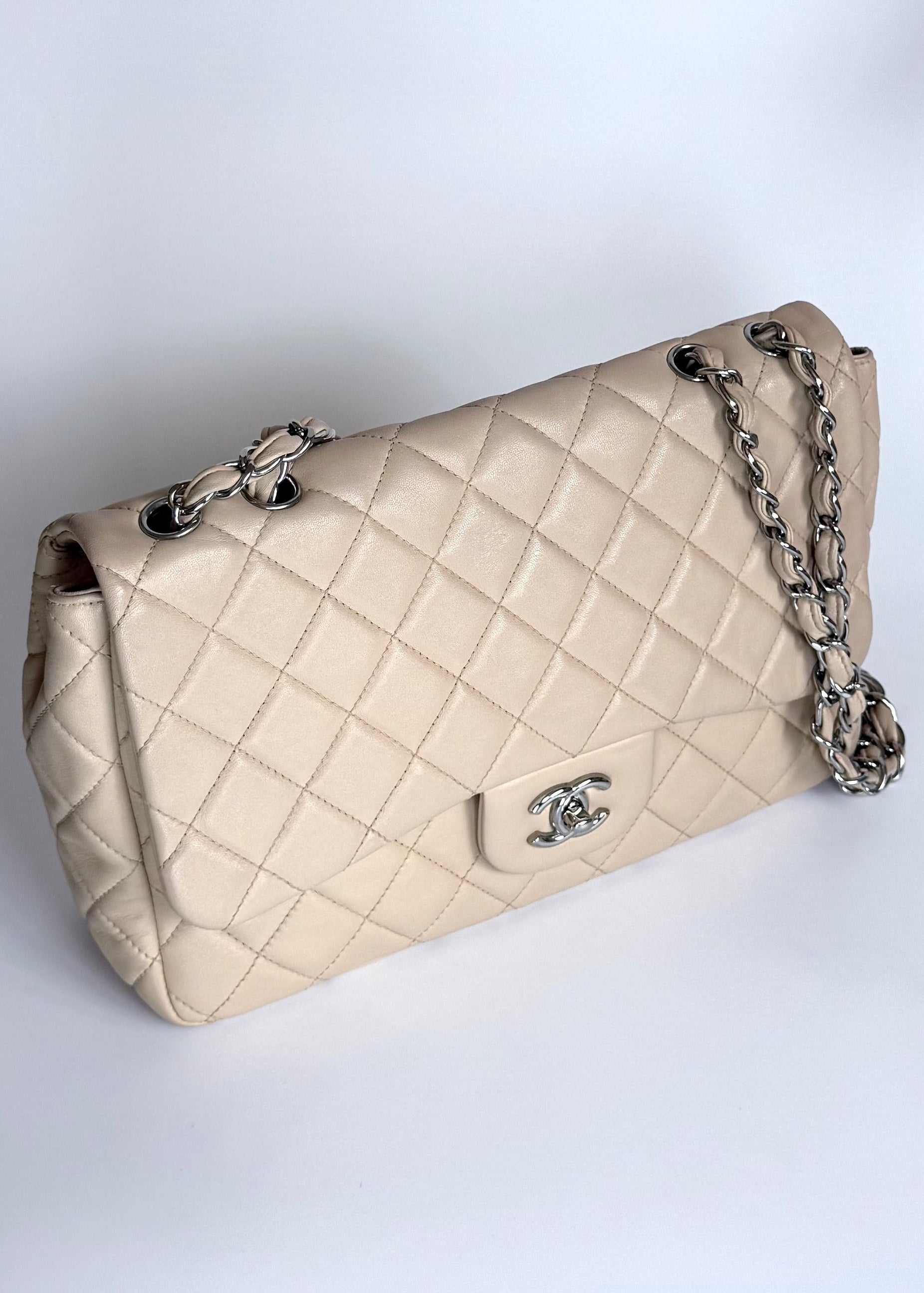 Chanel Classic Jumbo Flap in Beige Lambskin with Silver Hardware