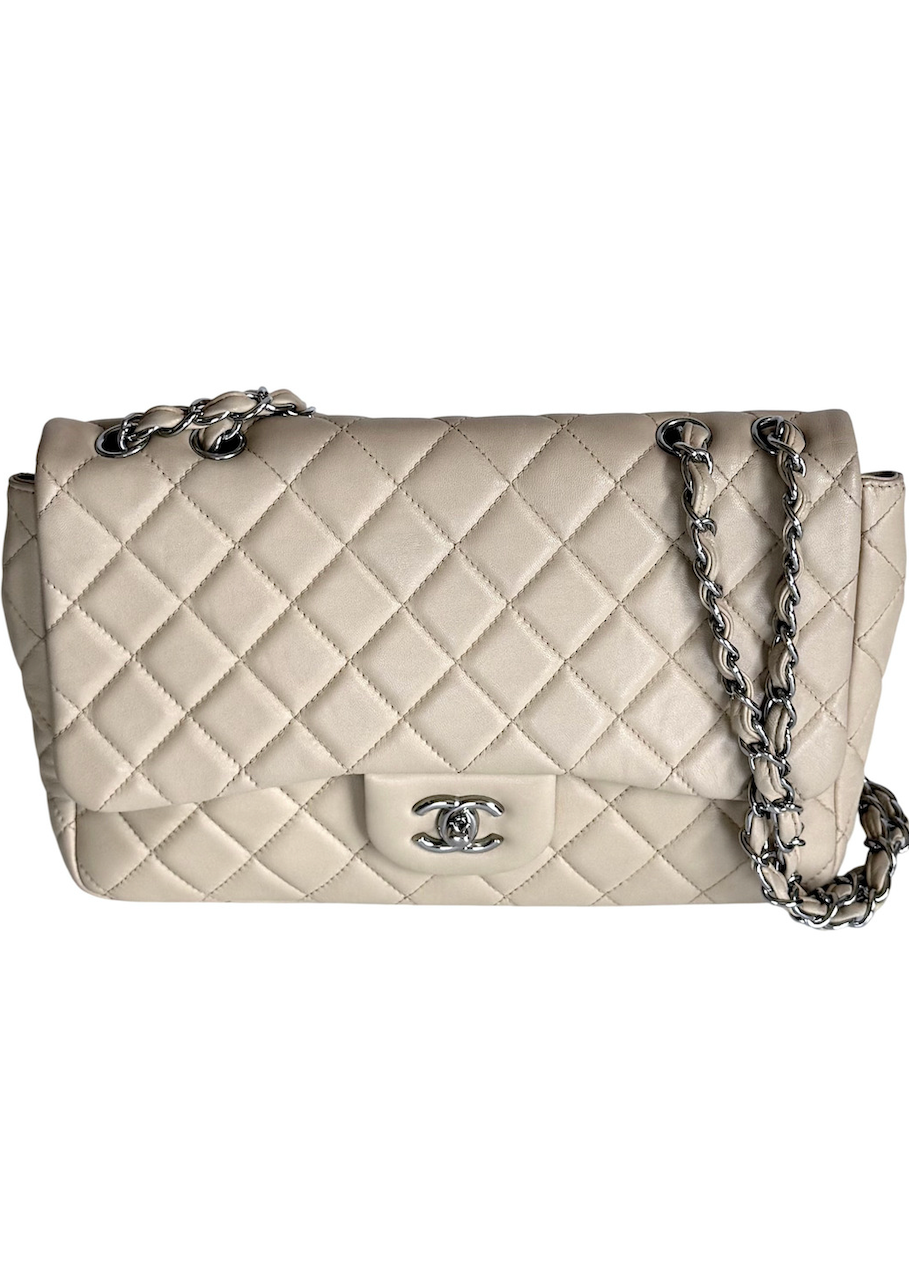 Chanel Classic Jumbo Flap in Beige Lambskin with Silver Hardware